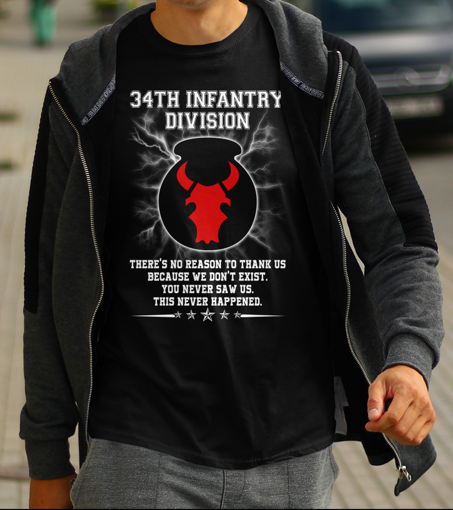 34Th Infantry Division Red Bull Skull With Lightning And Secret Message T-Shirt