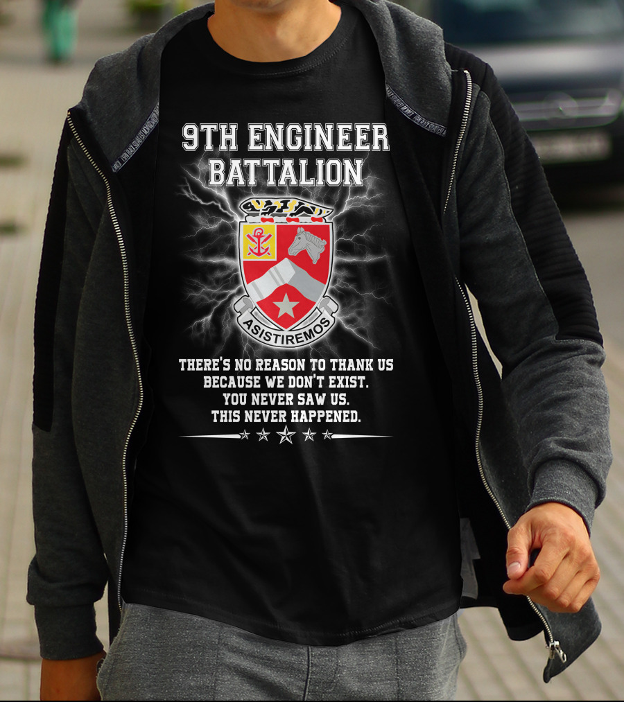 9Th Engineer Battalion Asistiremos Coat Of Arms Electric Background Never Happened T-Shirt