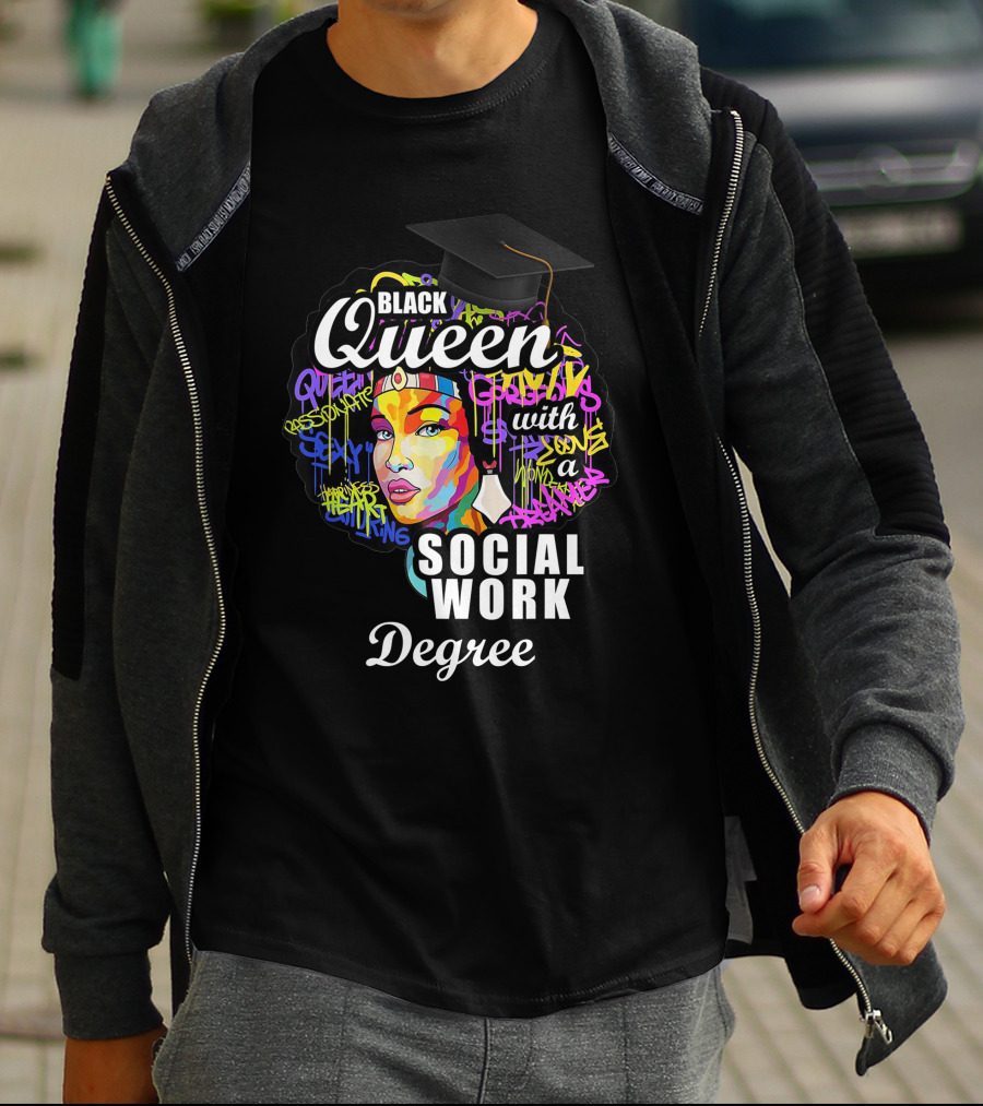 Black Queen Social Work Degree With Graduation Cap And Colorful Abstract T-Shirt