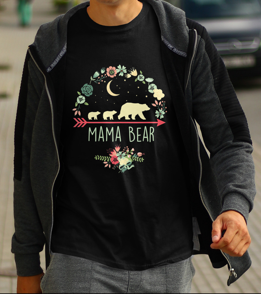 Mama Bear With Two Cubs Moon And Floral Arrow T-Shirt