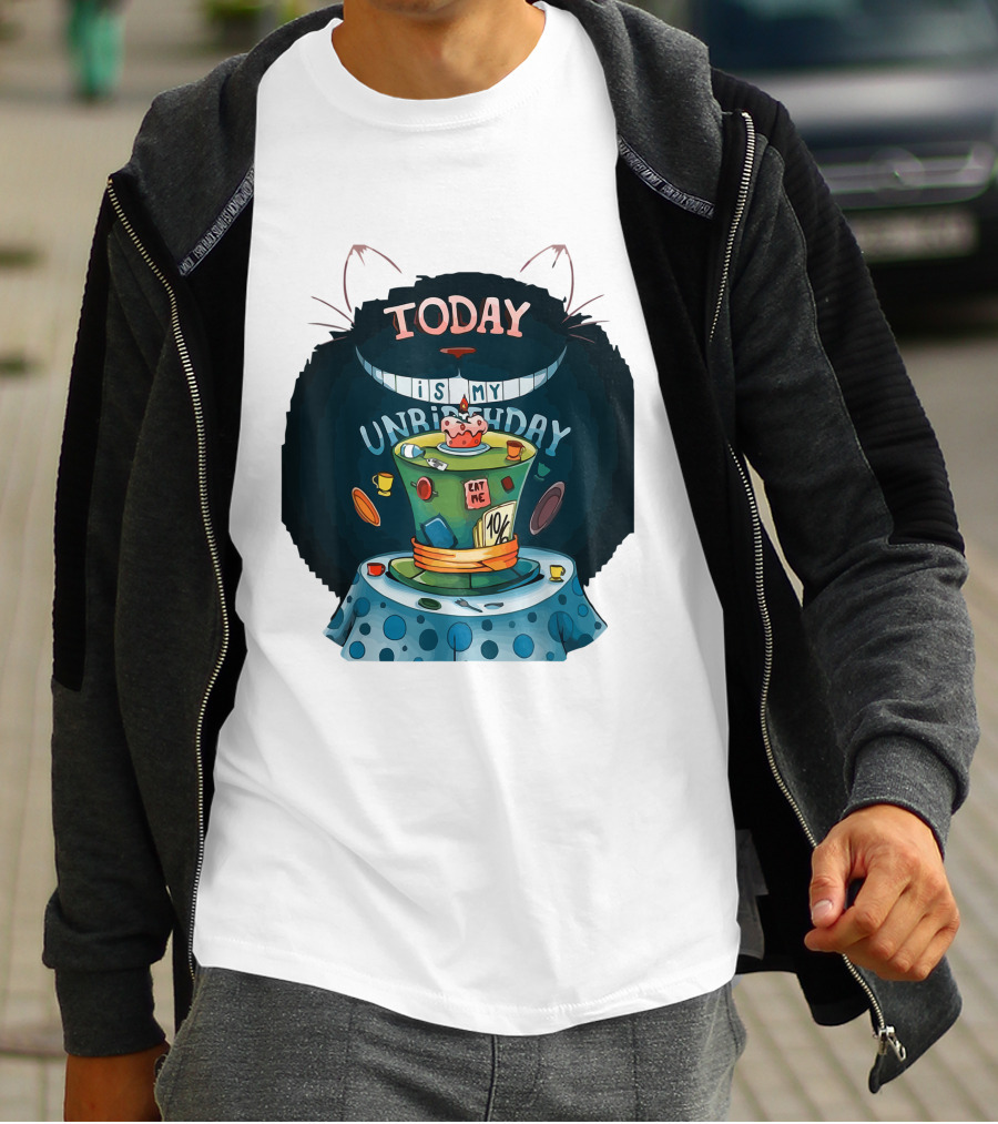 Today Is My Unbirthday Funny Cat Lover Eat Me 10/6 Hat Cheshire Table T-Shirt