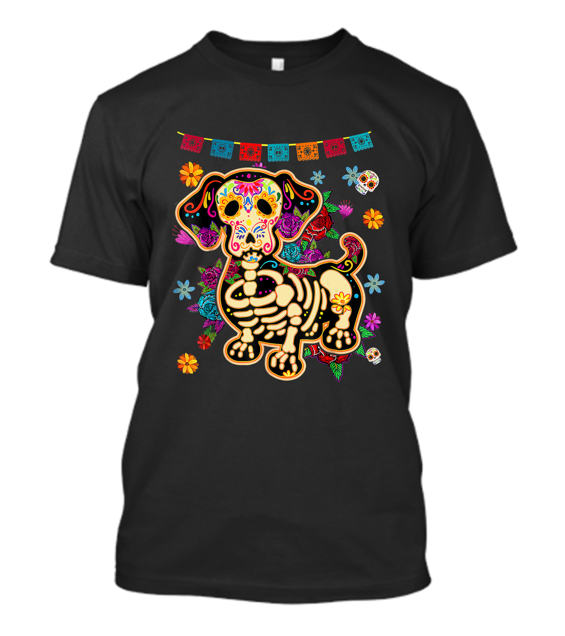 Sugar Skull Mexican Dachshund Bone Halloween Day Of The Dead Dog Skeleton Flowers T-Shirt