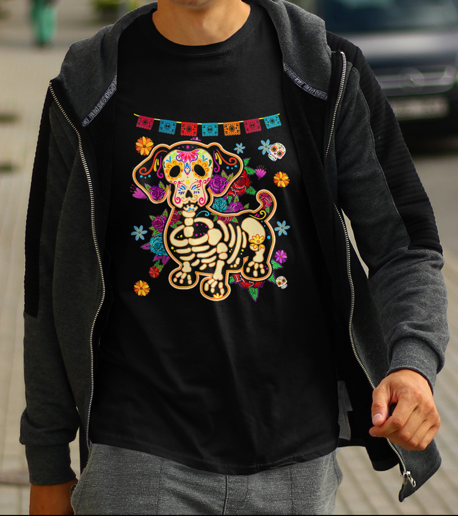 Sugar Skull Mexican Dachshund Bone Halloween Day Of The Dead Dog Skeleton Flowers T-Shirt
