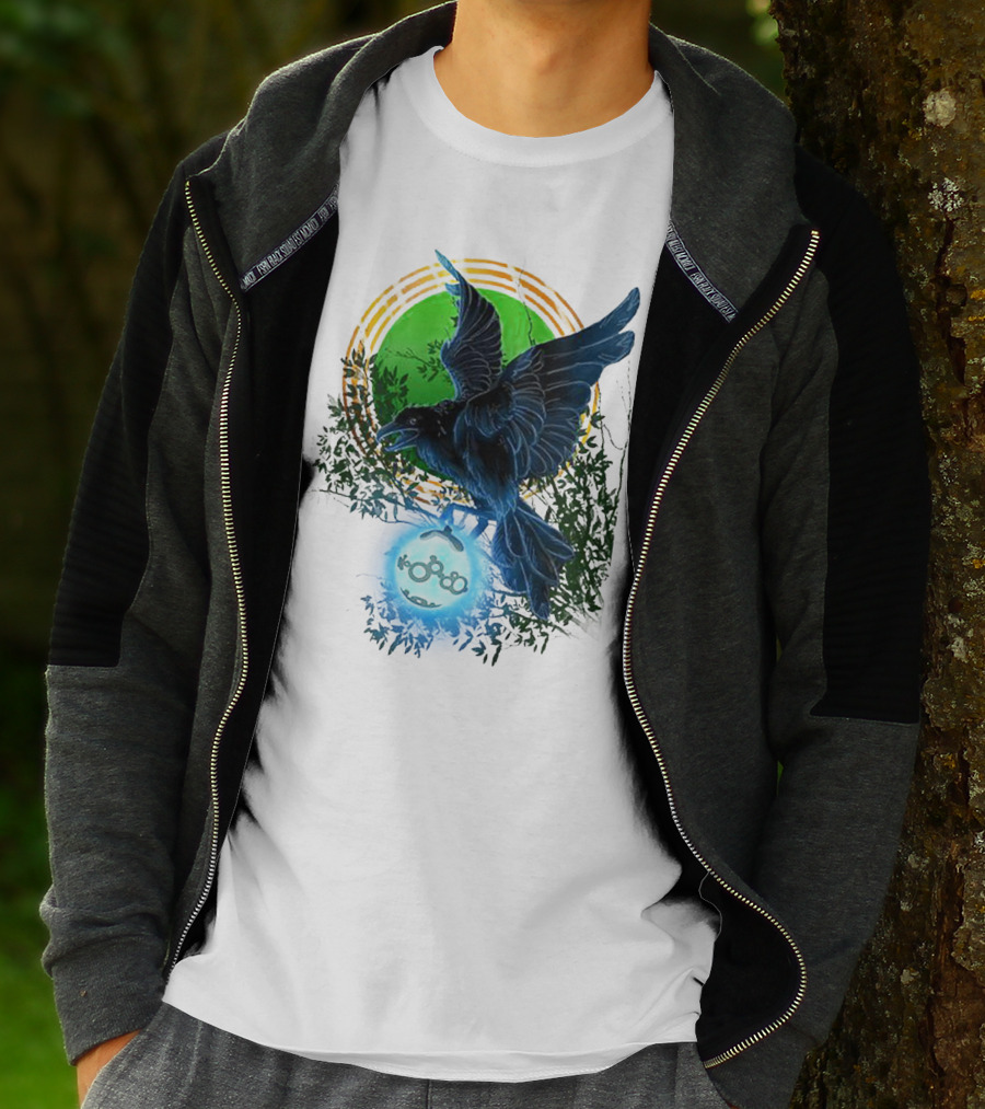 Pointcrow Raven Orb Enigma With Rings And Foliage T-Shirt