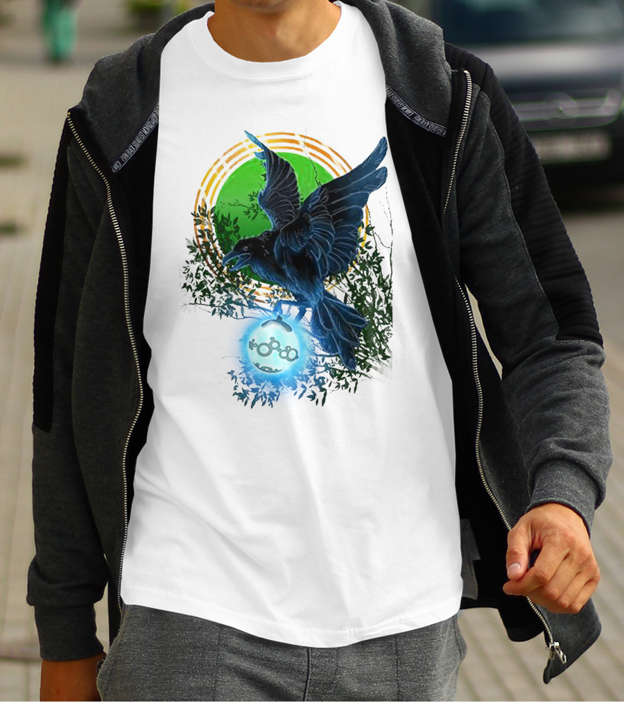 Pointcrow Raven Orb Enigma With Rings And Foliage T-Shirt