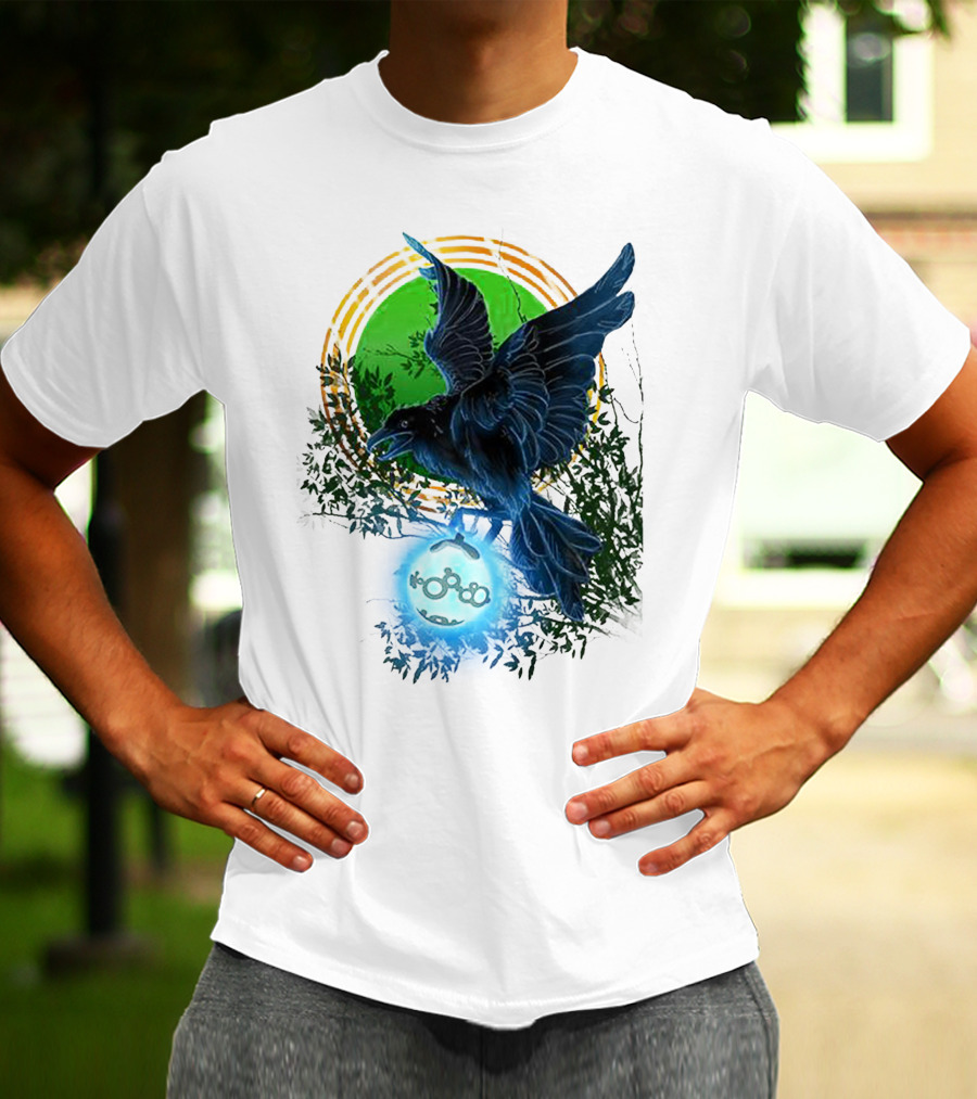 Pointcrow Raven Orb Enigma With Rings And Foliage T-Shirt