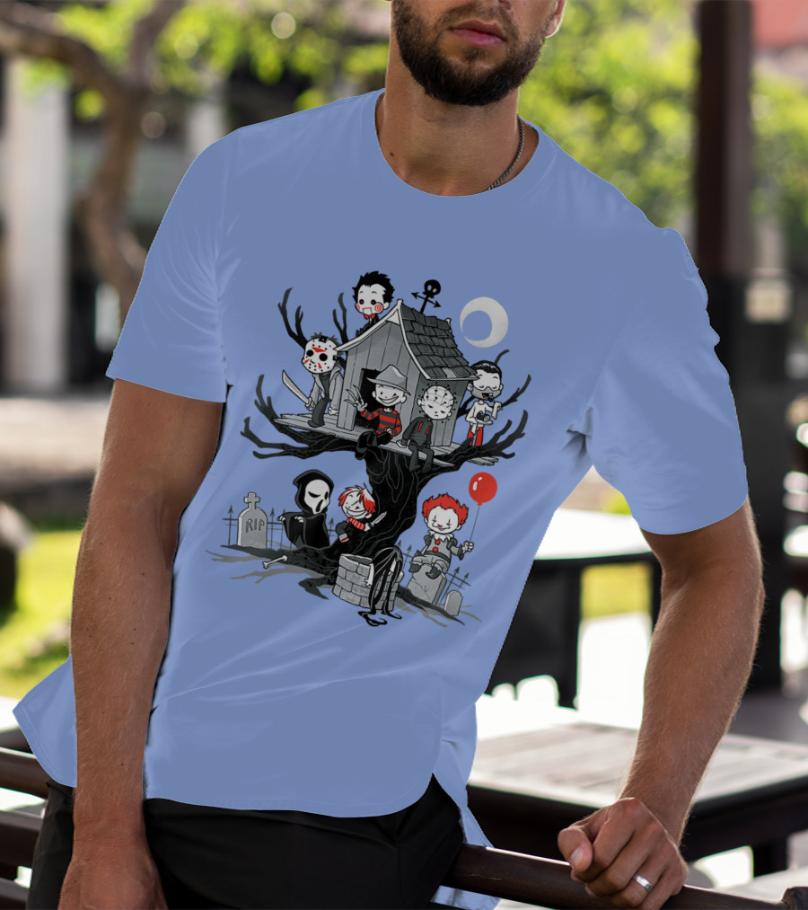 Horror Icons Treehouse Adventure With Scream Mask T-Shirt