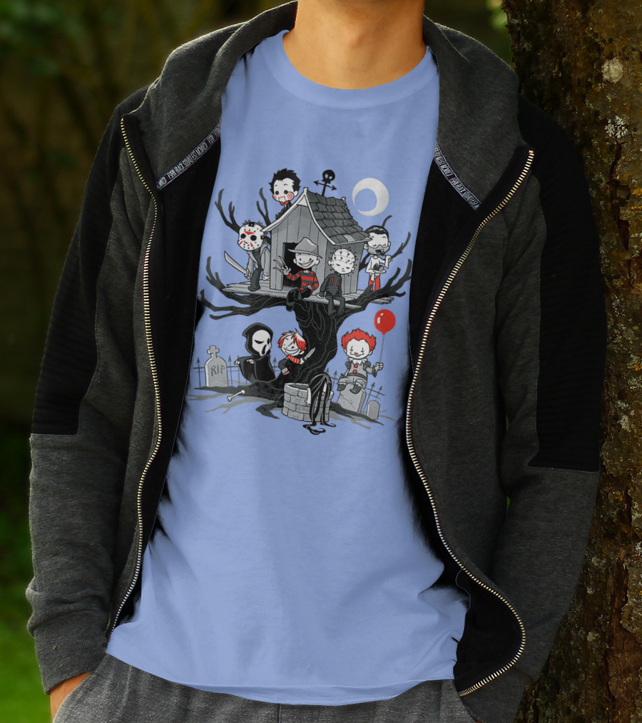Horror Icons Treehouse Adventure With Scream Mask T-Shirt