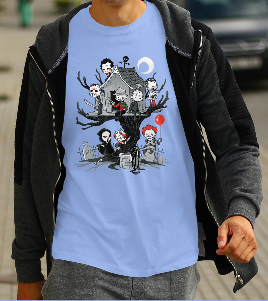 Horror Icons Treehouse Adventure With Scream Mask T-Shirt
