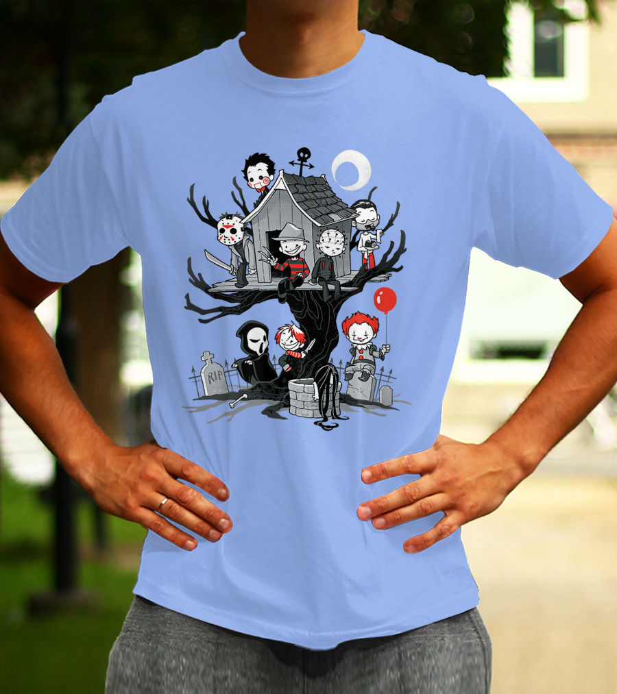Horror Icons Treehouse Adventure With Scream Mask T-Shirt