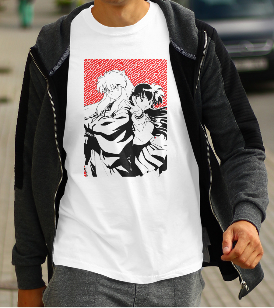 Inuyasha Kagome Classic Anime Style Red Pattern Background T-Shirt
