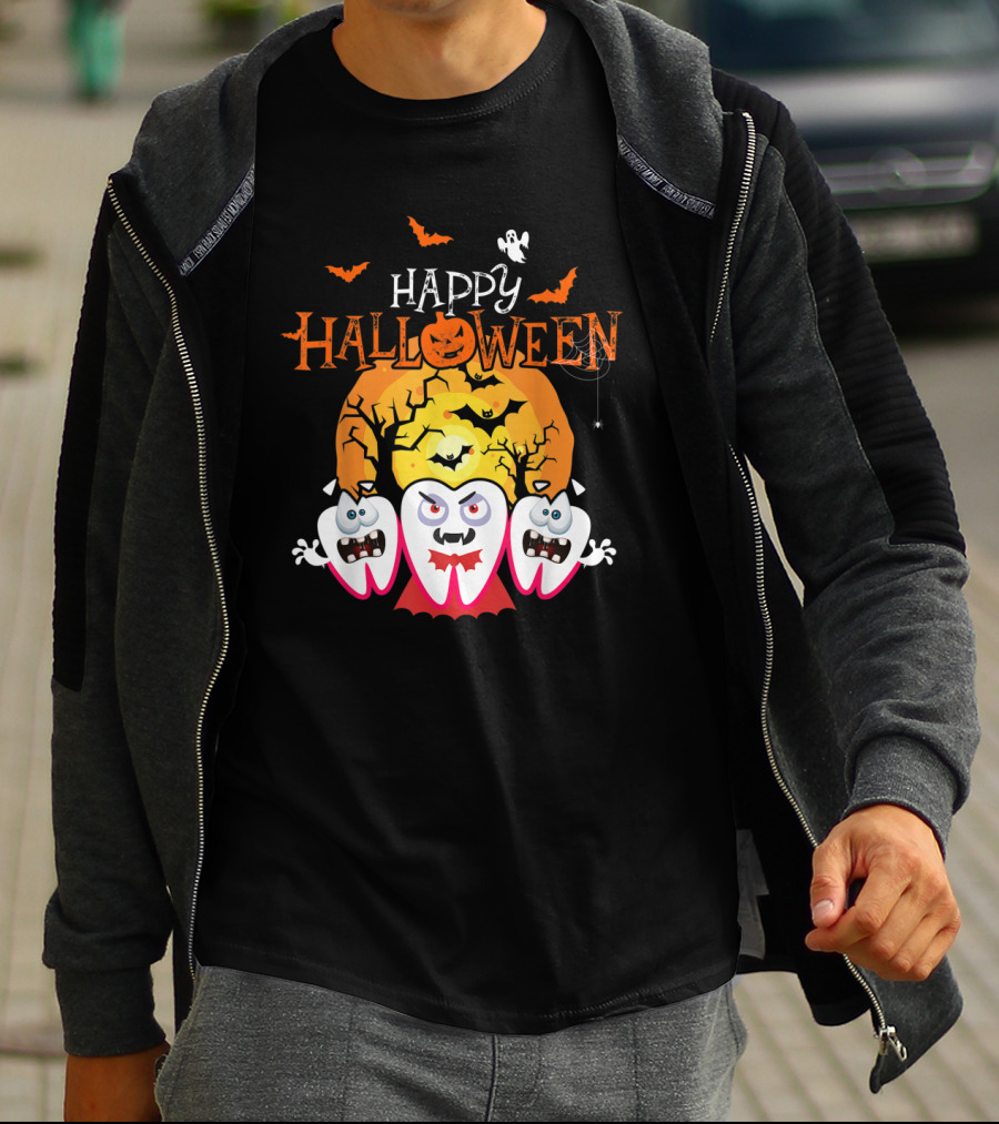 Happy Halloween Scary Dental Teeth With Cracked Moon And Bats T-Shirt