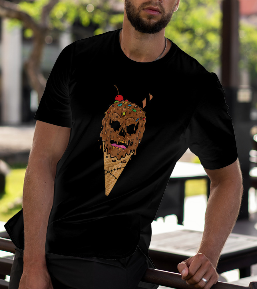 Melting Skeleton Ice Cream Skull With Cherry And Sprinkles Cone T-Shirt