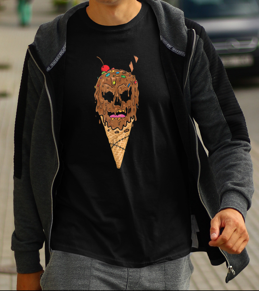 Melting Skeleton Ice Cream Skull With Cherry And Sprinkles Cone T-Shirt