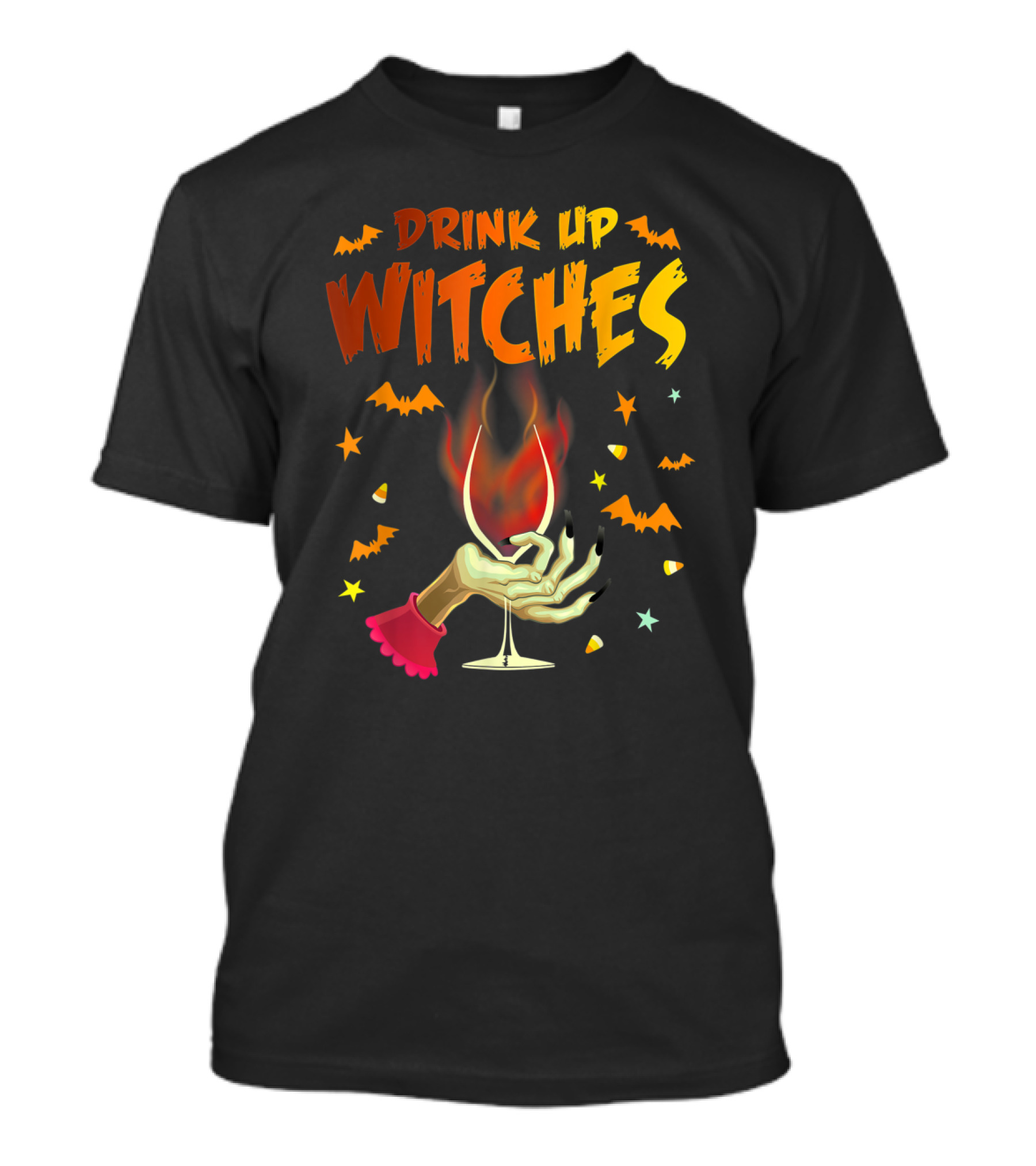 Drink Up Witches Halloween Witch Hand Wine Glass Bat Candy Corn T-Shirt