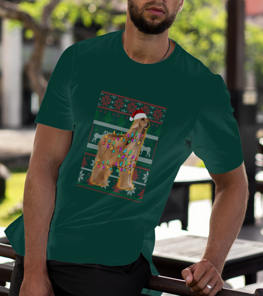 Afghan Hound Christmas Lights Santa Hat Ugly T-Shirt