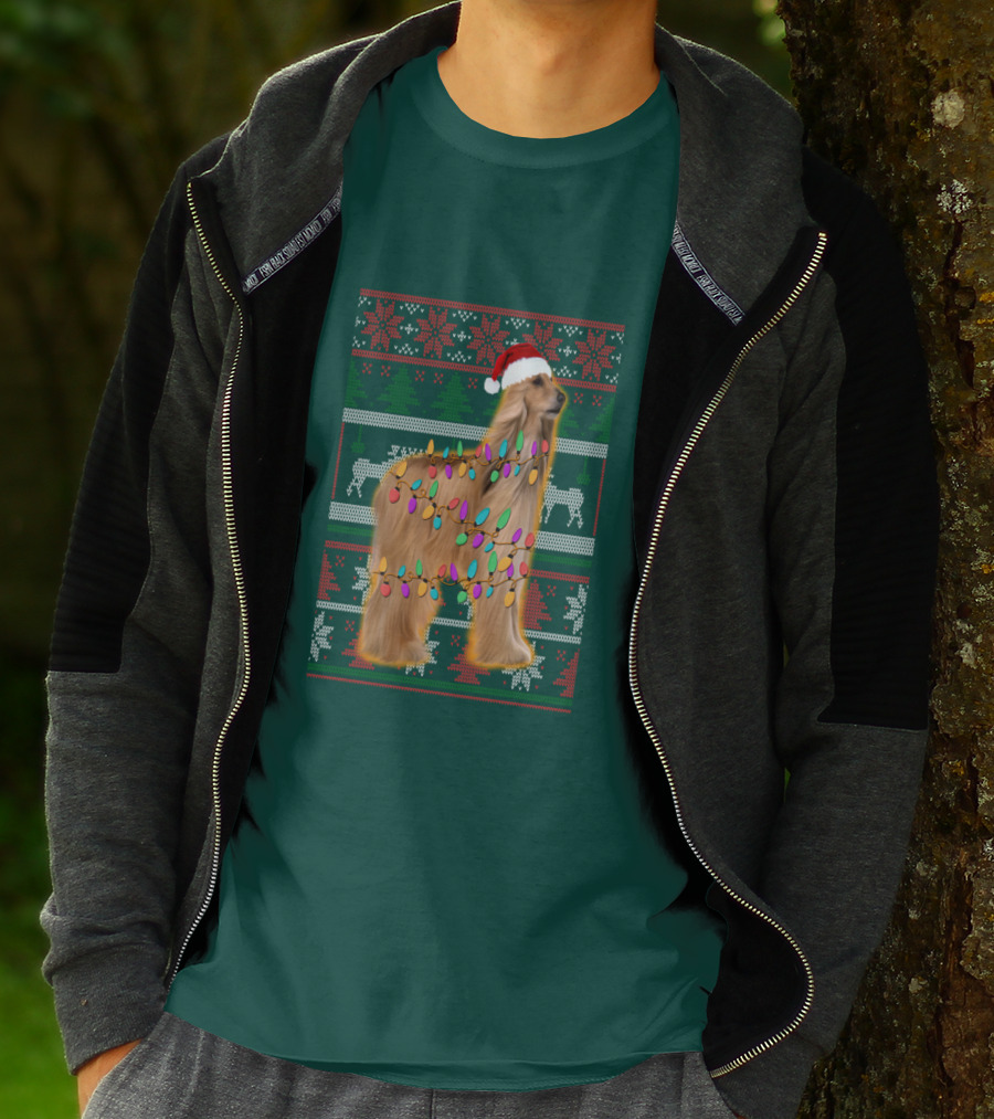 Afghan Hound Christmas Lights Santa Hat Ugly T-Shirt