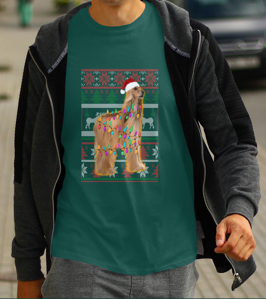 Afghan Hound Christmas Lights Santa Hat Ugly T-Shirt