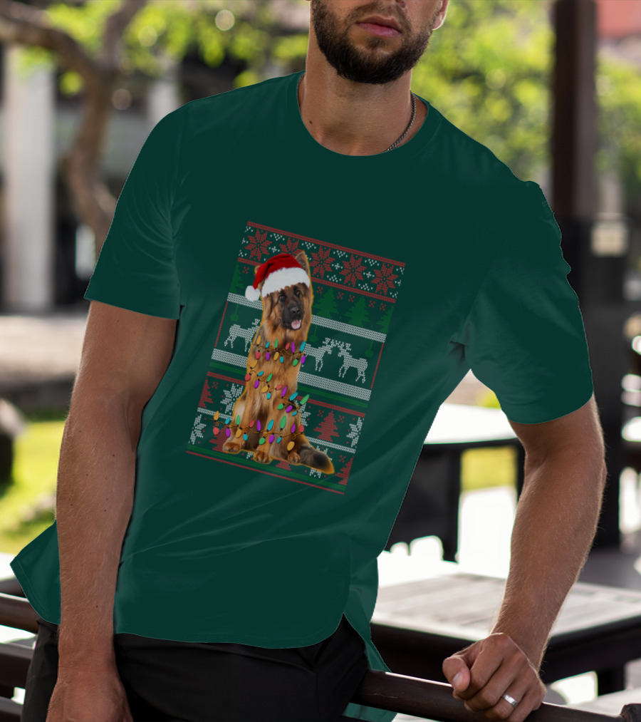 German Shepherd Santa Hat Christmas Lights Ugly Sweater Reindeer T-Shirt
