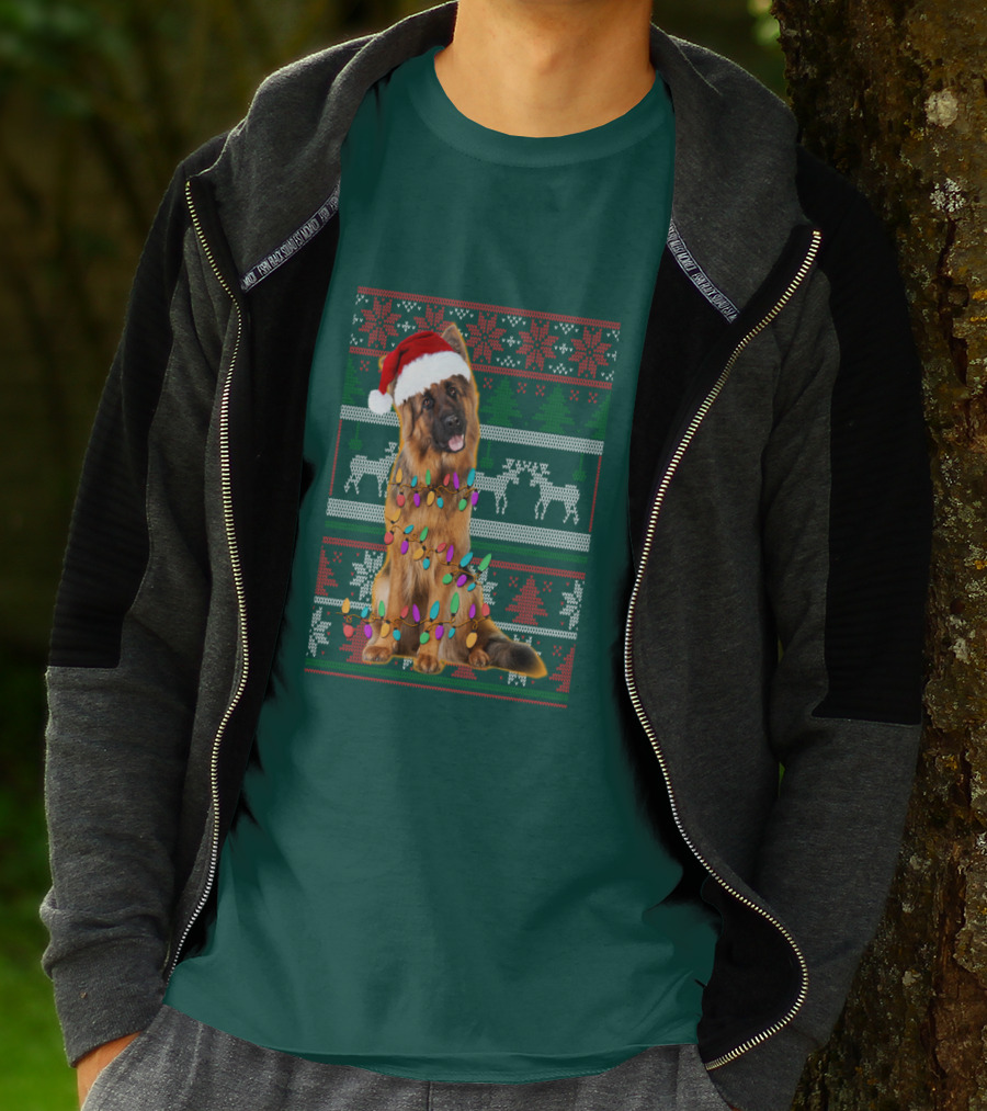 German Shepherd Santa Hat Christmas Lights Ugly Sweater Reindeer T-Shirt