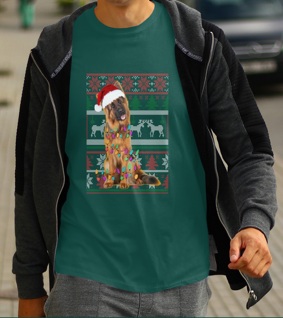 German Shepherd Santa Hat Christmas Lights Ugly Sweater Reindeer T-Shirt