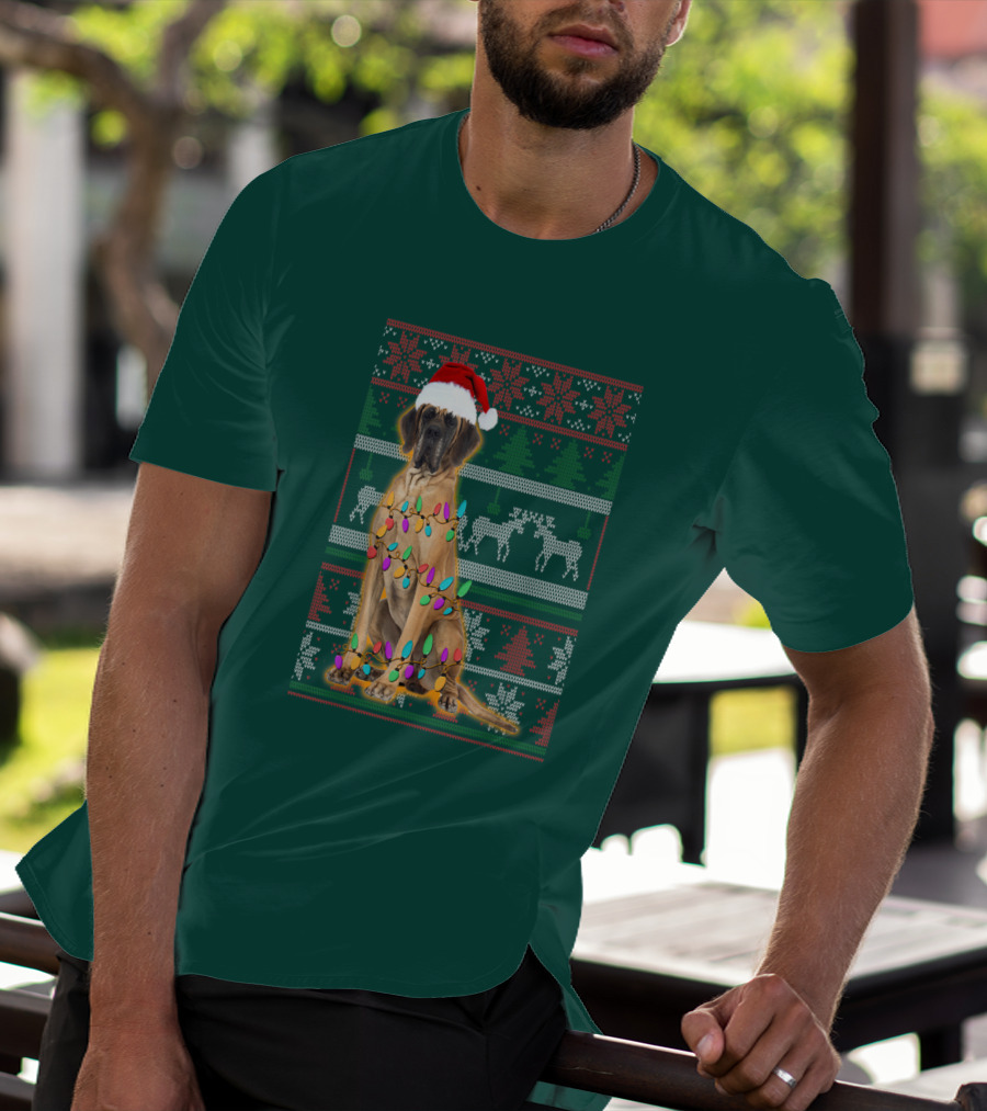 Great Dane Christmas Santa Hat Lights Reindeer Holiday T-Shirt