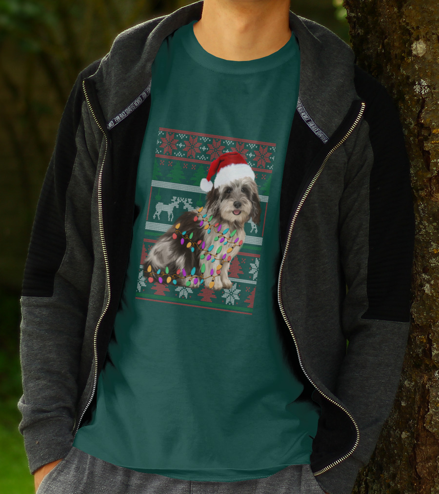 Havanese Festive Christmas Lights Santa Hat Ugly T-Shirt