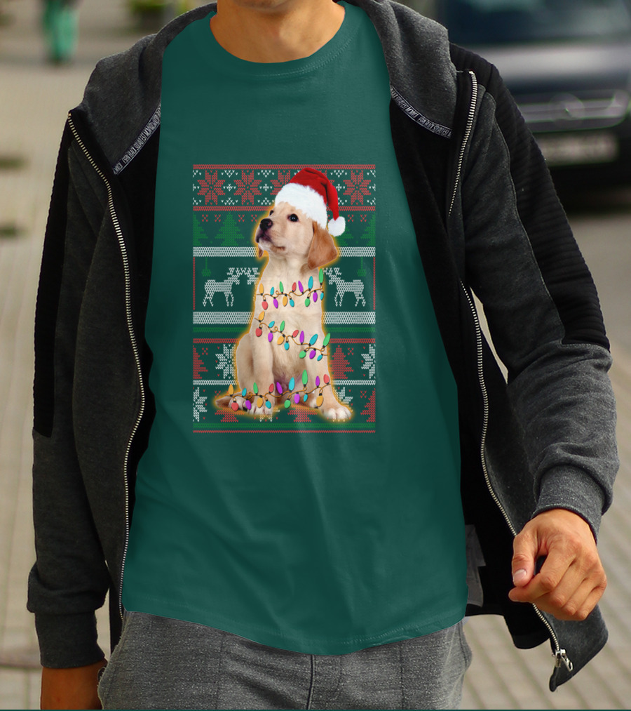 Labrador Retriever Christmas Santa Hat And Holiday Lights T-Shirt