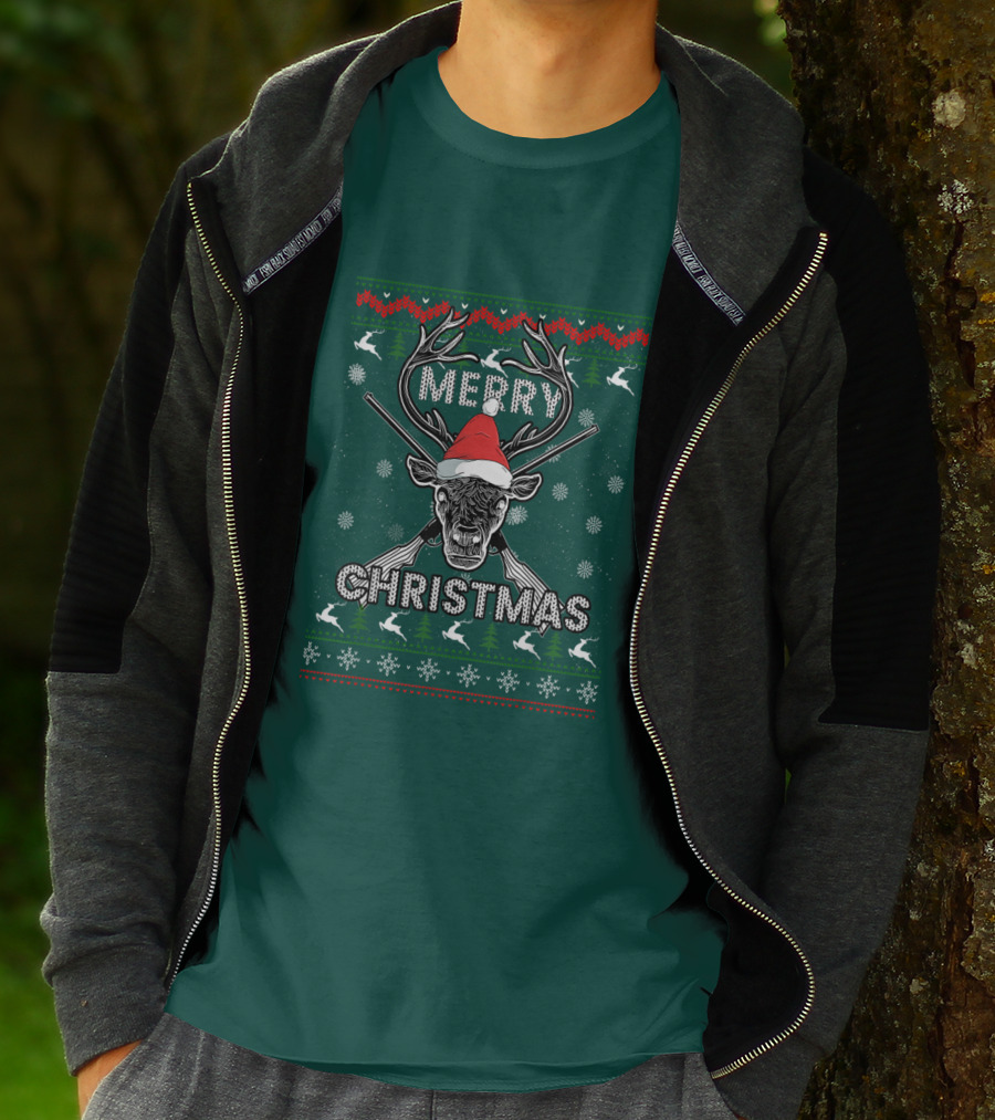 Merry Christmas Hunting Deer Antlers Santa Hat Snowflakes T-Shirt