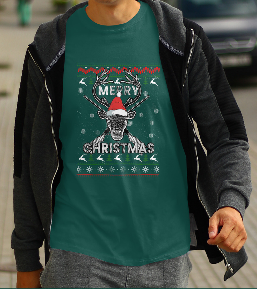 Merry Christmas Hunting Deer Antlers Santa Hat Snowflakes T-Shirt