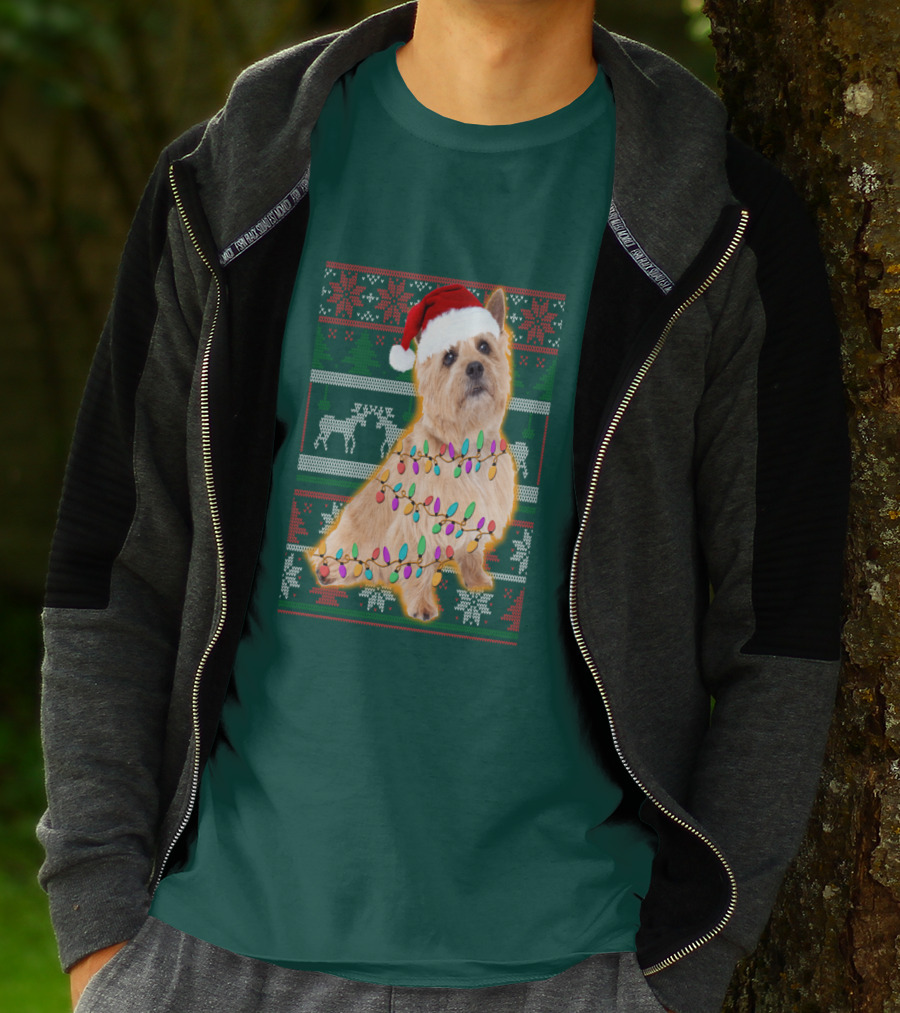 Norfolk Terrier Christmas Lights Sweater Santa Hat T-Shirt