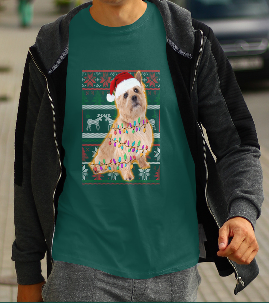 Norfolk Terrier Christmas Lights Sweater Santa Hat T-Shirt