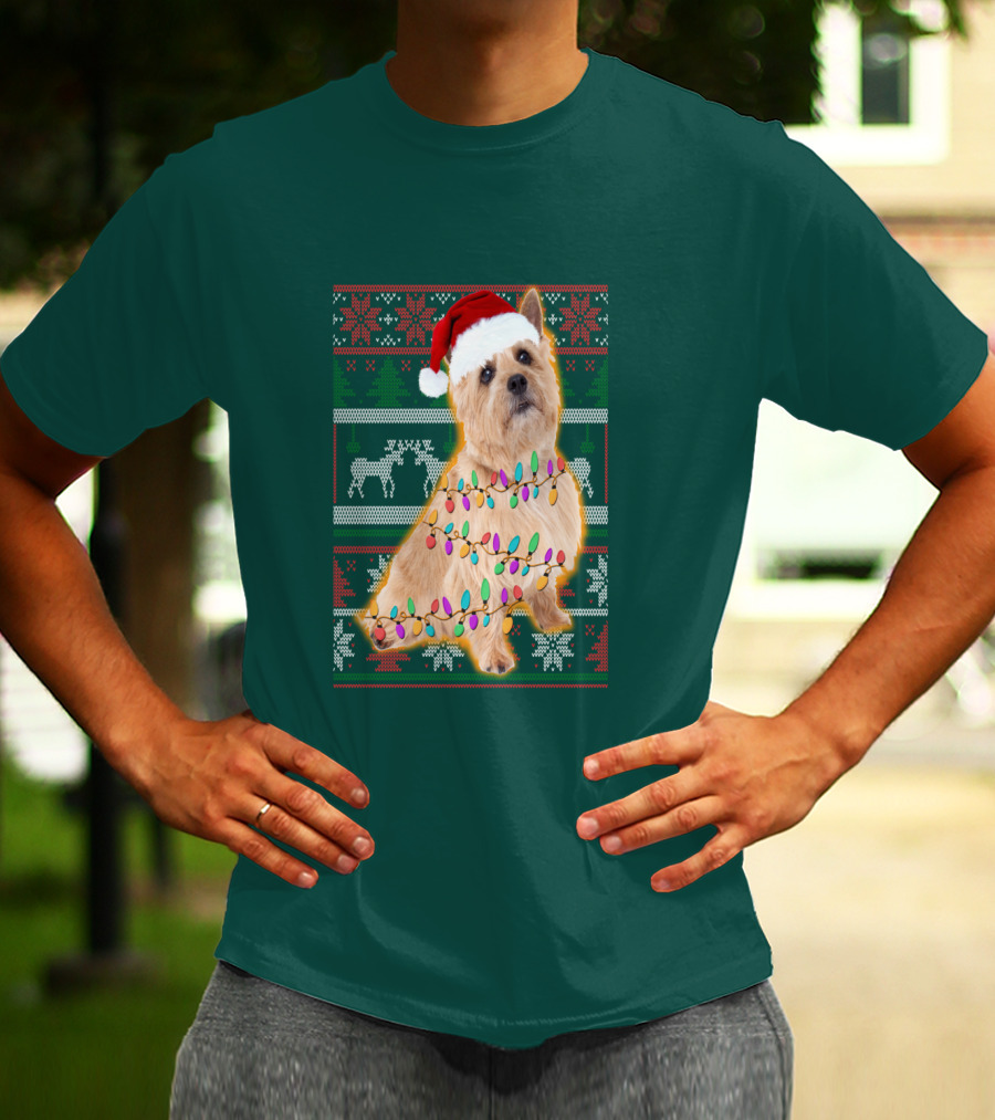 Norfolk Terrier Christmas Lights Sweater Santa Hat T-Shirt