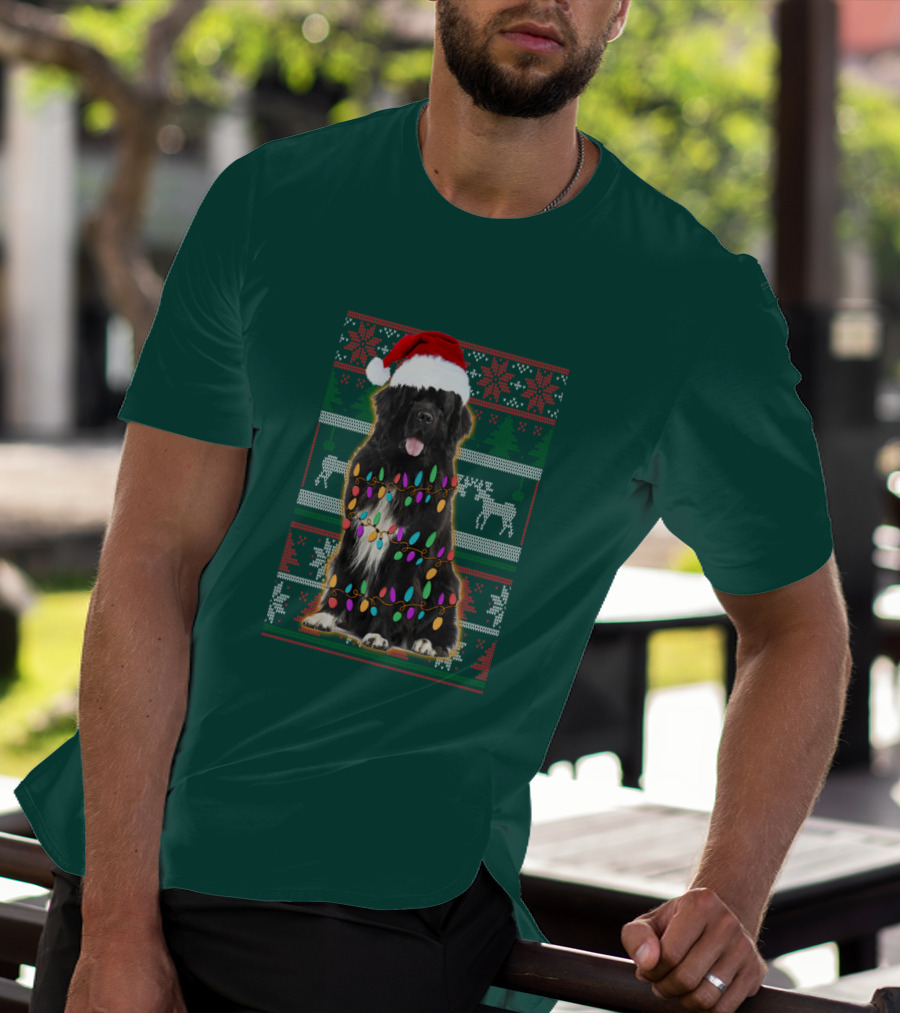 Newfoundland Dog Christmas Lights Santa Hat Ugly T-Shirt
