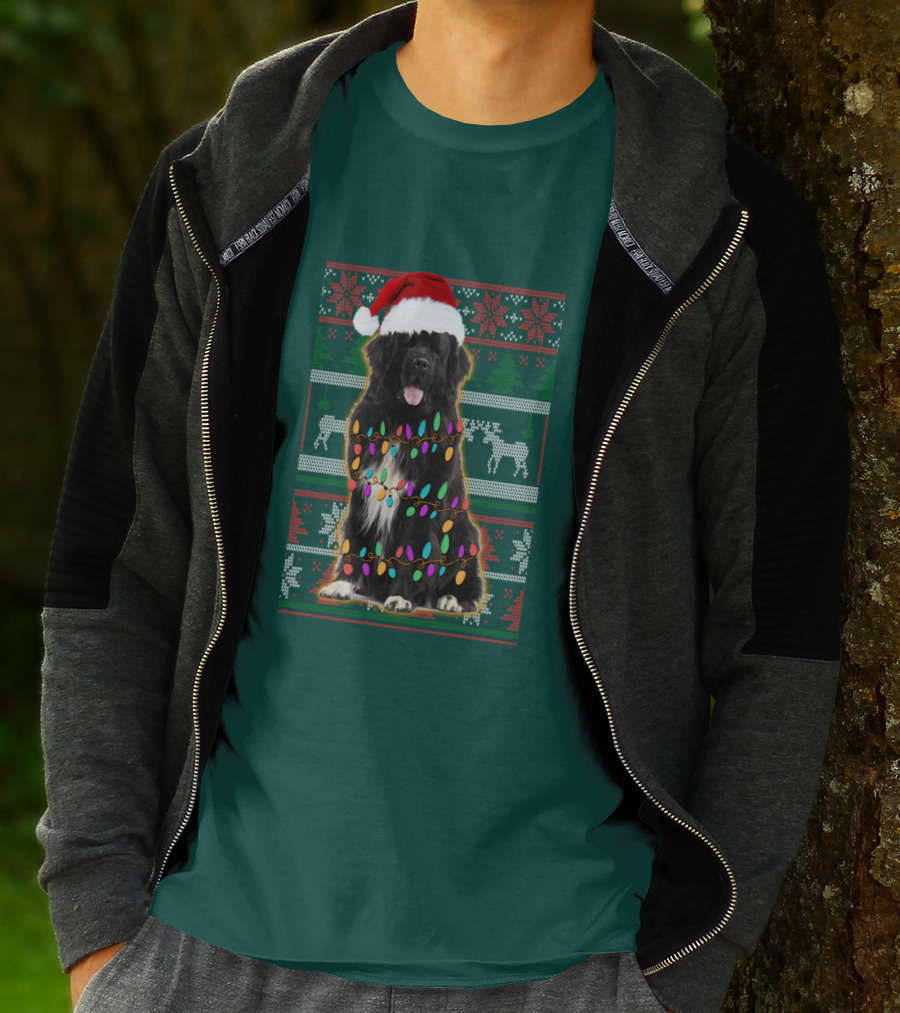 Newfoundland Dog Christmas Lights Santa Hat Ugly T-Shirt