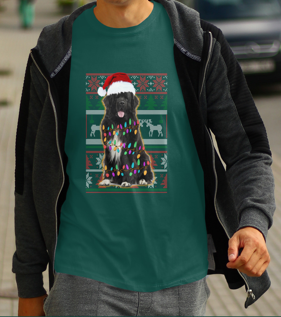 Newfoundland Dog Christmas Lights Santa Hat Ugly T-Shirt