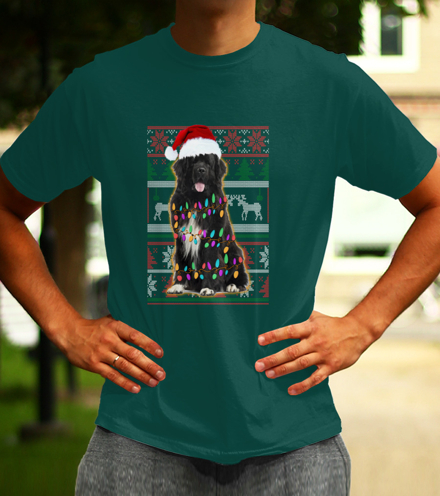 Newfoundland Dog Christmas Lights Santa Hat Ugly T-Shirt