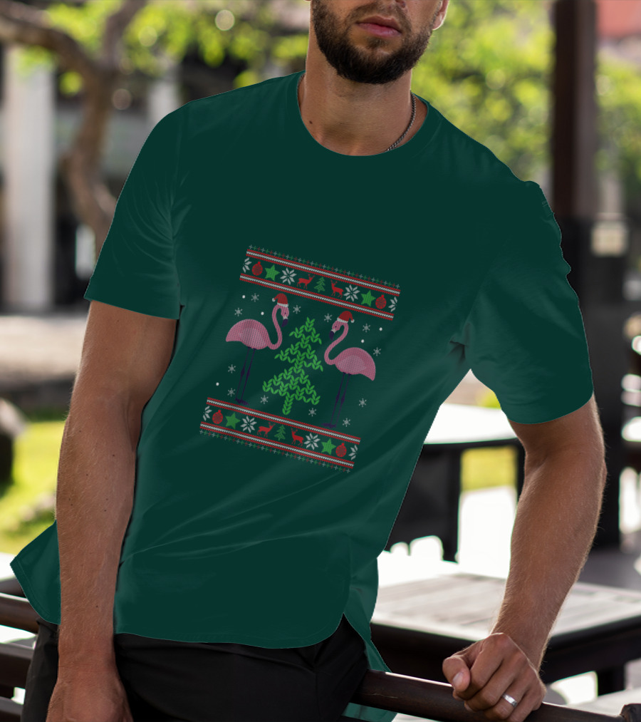 Pink Flamingos Santa Hat Christmas Tree Ugly T-Shirt