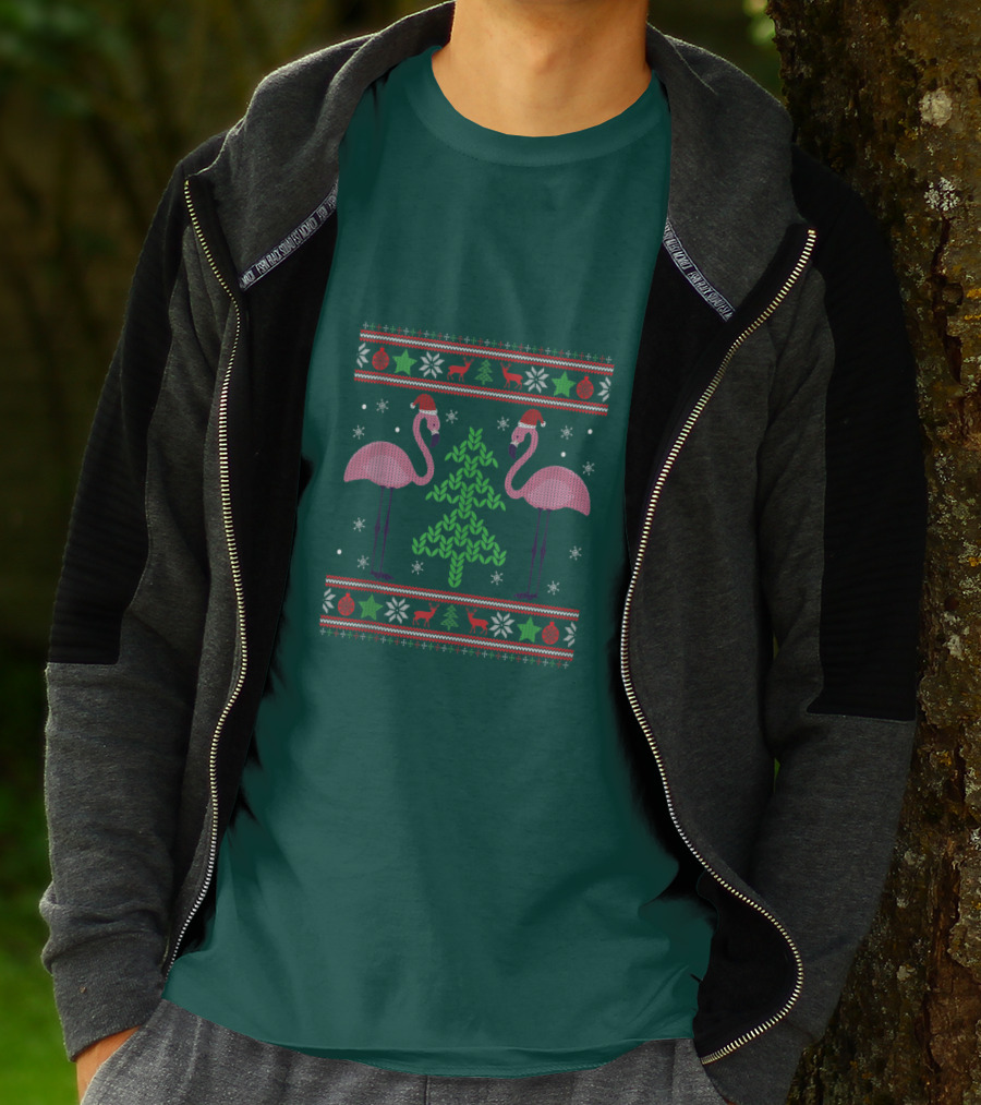 Pink Flamingos Santa Hat Christmas Tree Ugly T-Shirt