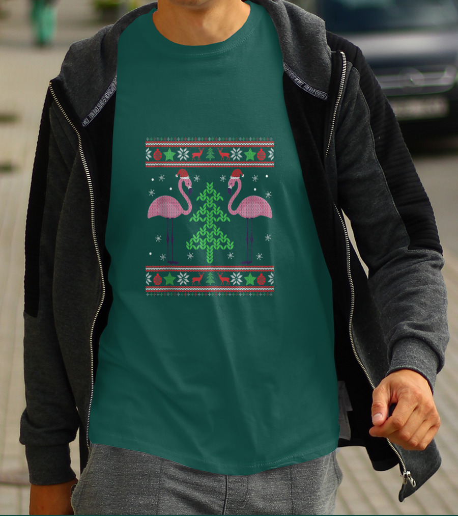 Pink Flamingos Santa Hat Christmas Tree Ugly T-Shirt