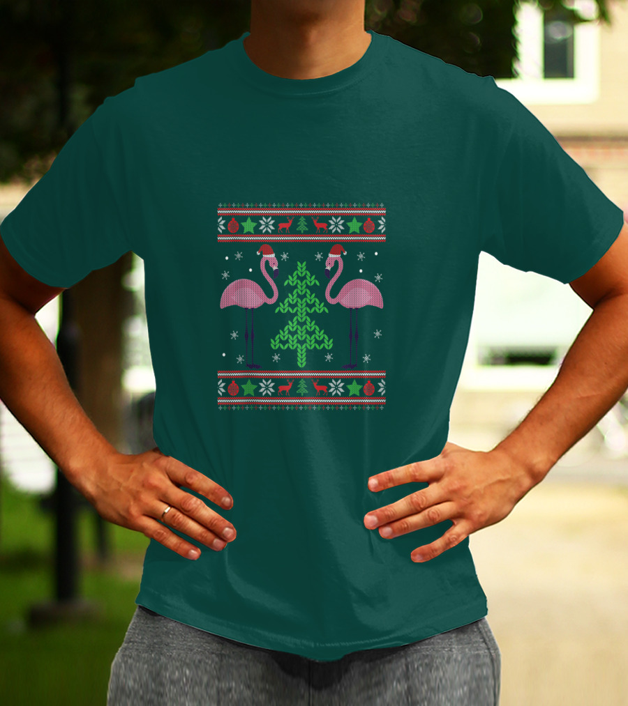 Pink Flamingos Santa Hat Christmas Tree Ugly T-Shirt