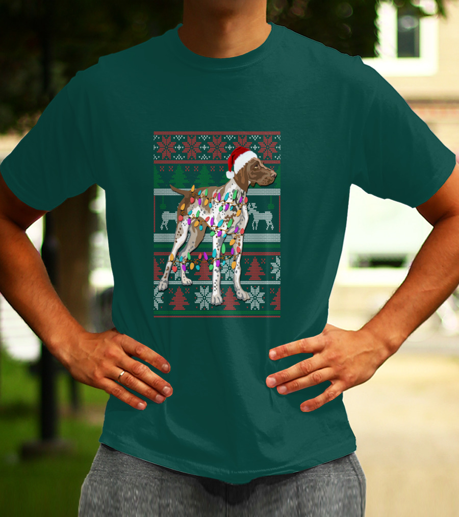 Pointer Christmas Ugly Sweater Santa Hat Lights T-Shirt