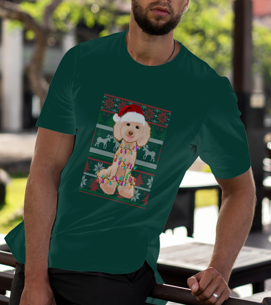 Poodle Santa Hat Christmas Lights Ugly Sweater Reindeer Snowflakes T-Shirt