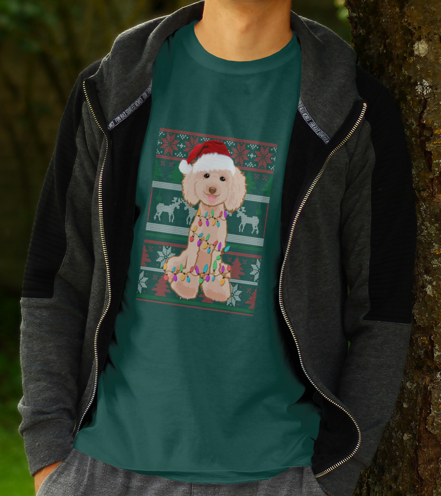 Poodle Santa Hat Christmas Lights Ugly Sweater Reindeer Snowflakes T-Shirt