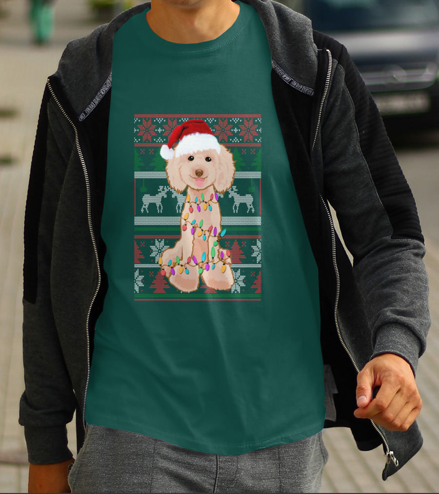Poodle Santa Hat Christmas Lights Ugly Sweater Reindeer Snowflakes T-Shirt