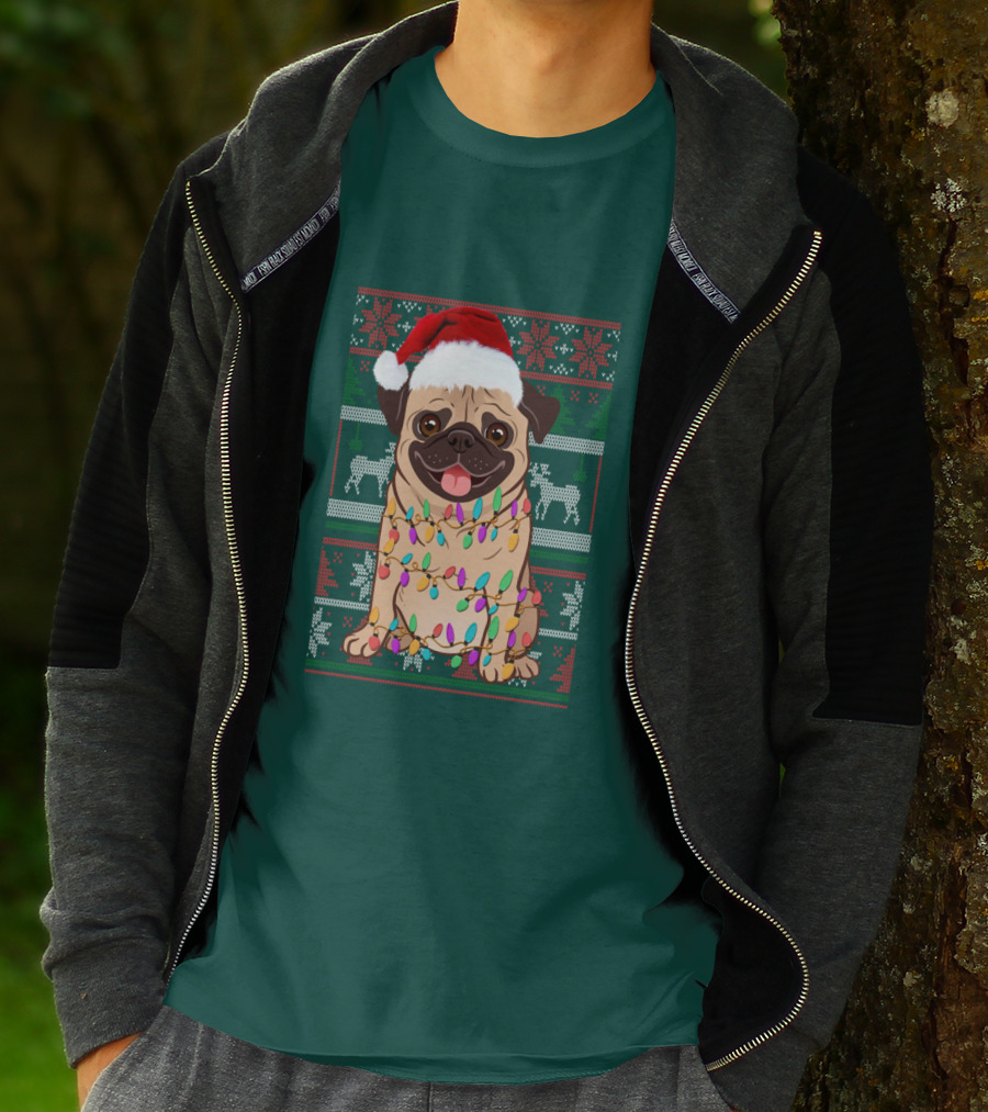 Pug Christmas Santa Hat Holiday Lights Sweater Reindeer T-Shirt