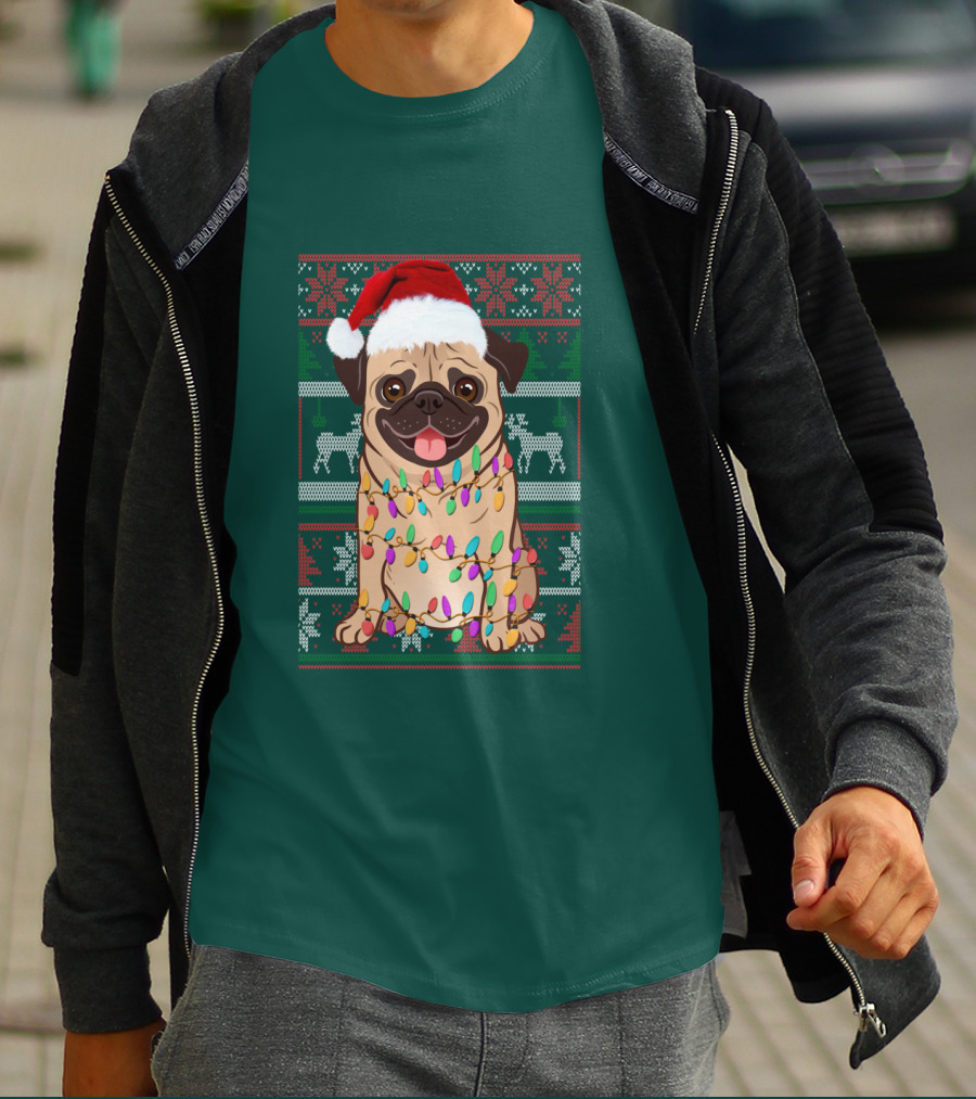 Pug Christmas Santa Hat Holiday Lights Sweater Reindeer T-Shirt