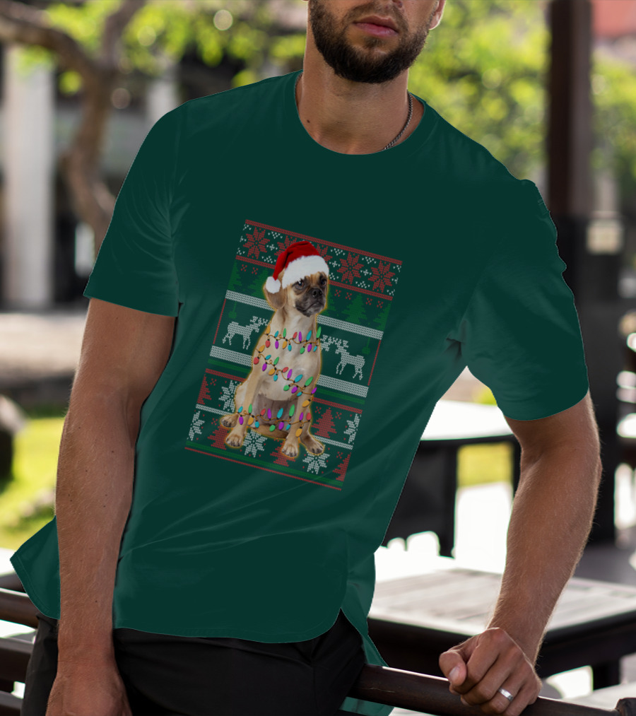Puggle Christmas Santa Hat With Holiday Lights T-Shirt