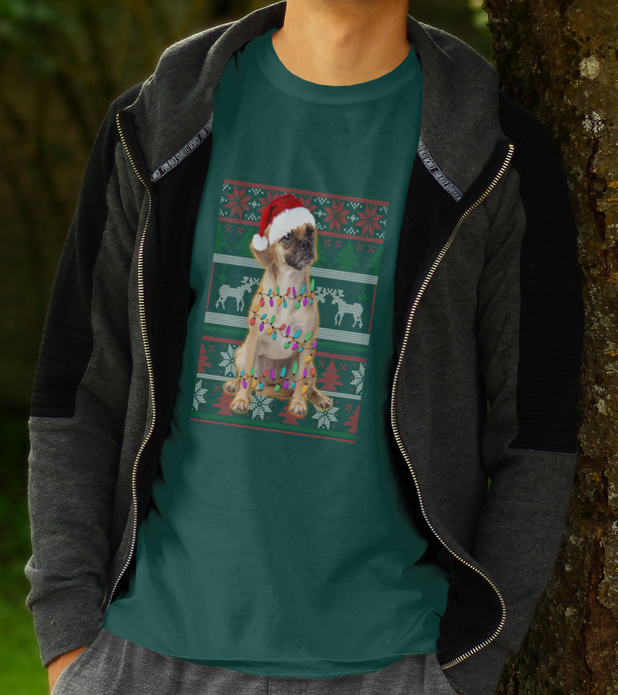 Puggle Christmas Santa Hat With Holiday Lights T-Shirt