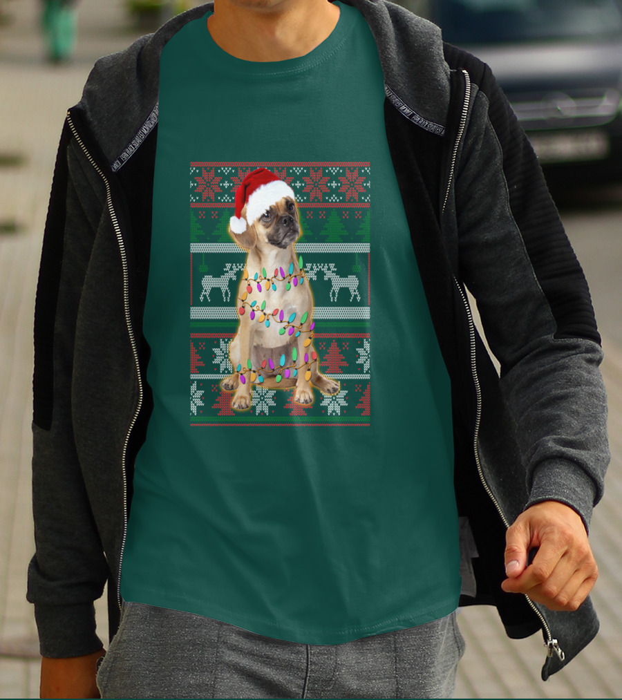 Puggle Christmas Santa Hat With Holiday Lights T-Shirt